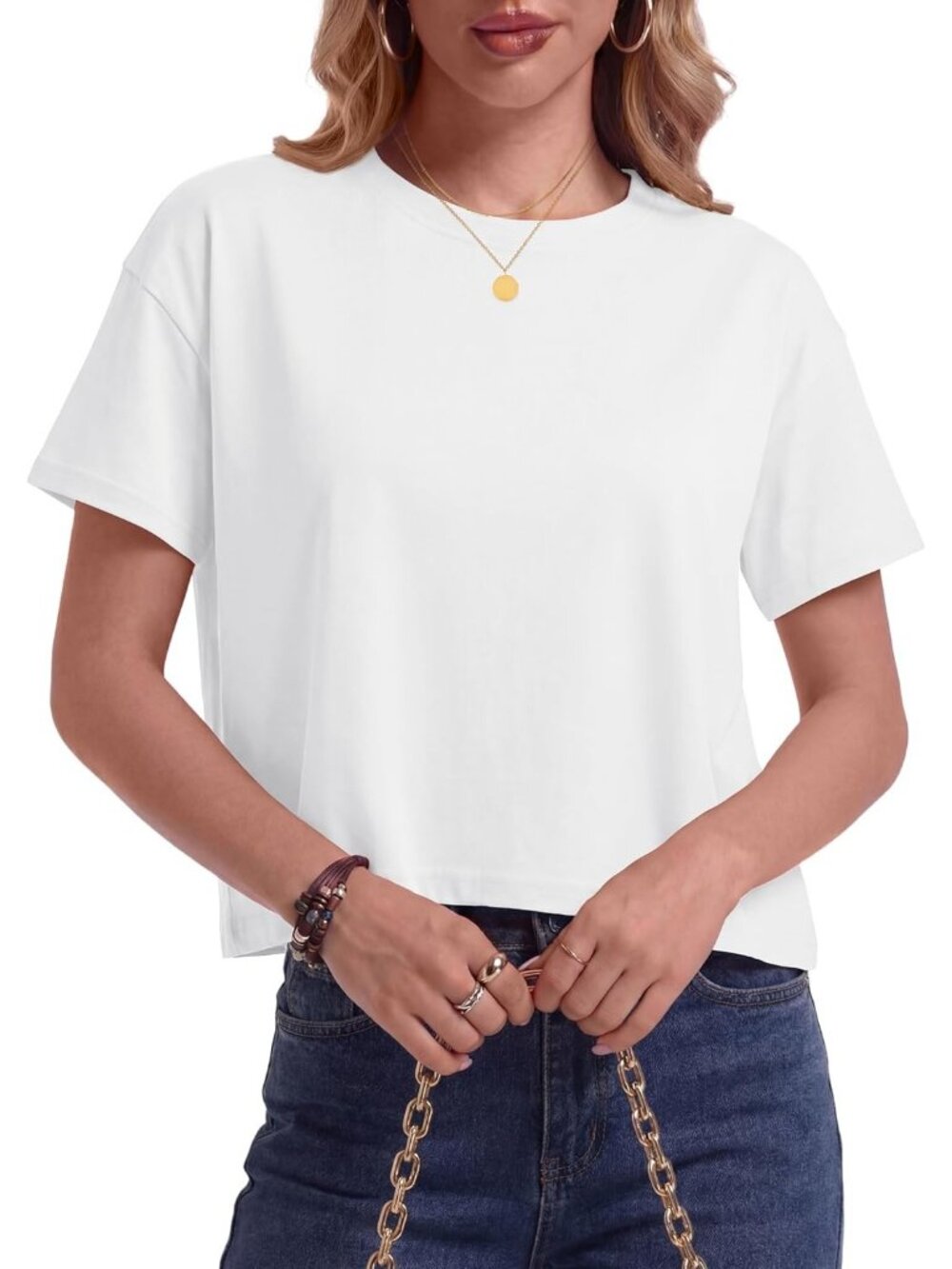 Women's White Crew Neck Drop Shoulder Short Sleeve Loose Fit Casual Crop Tops